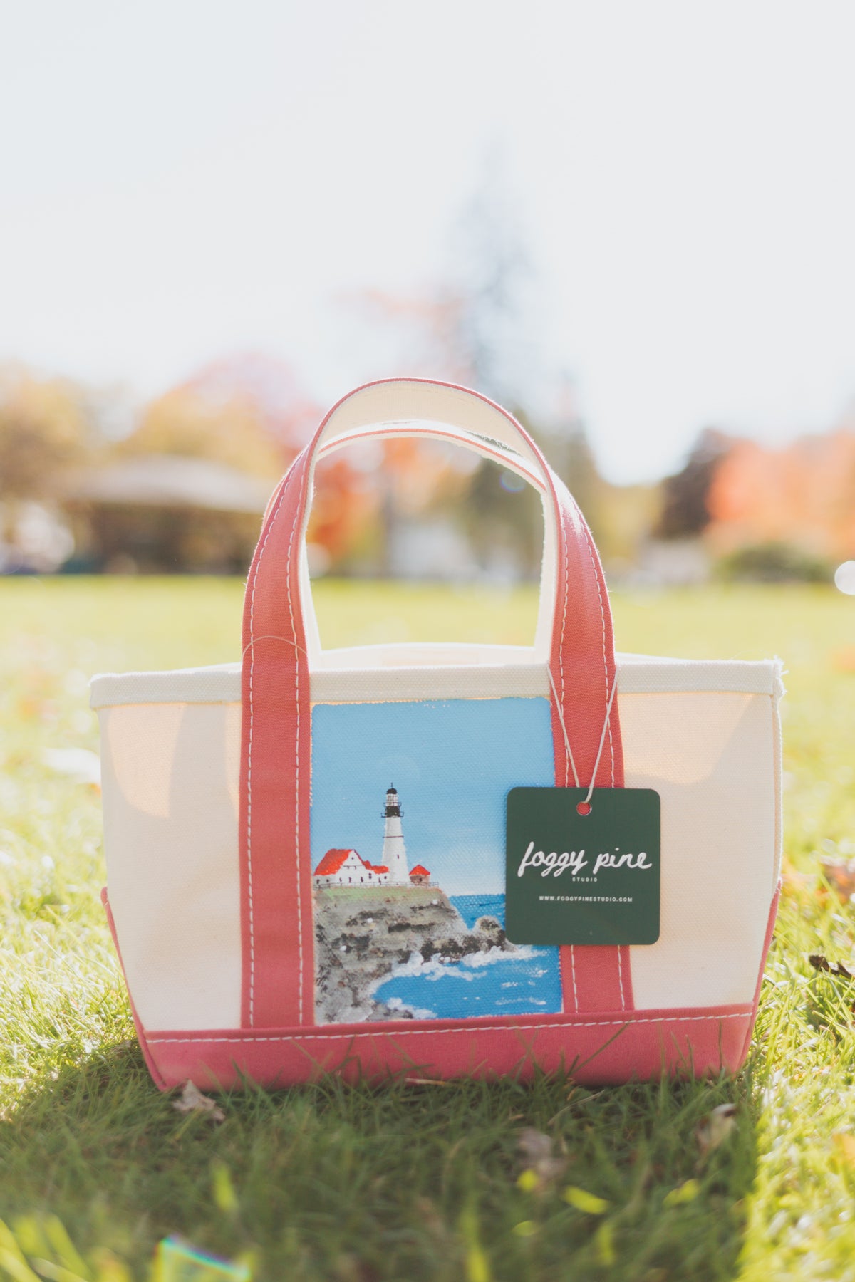 Hand-Painted L.L.Bean Boat and Tote MINI, Portland Head Light Inspired One of a Kind Original Art, Handmade Canvas Tote Bag, Open Top
