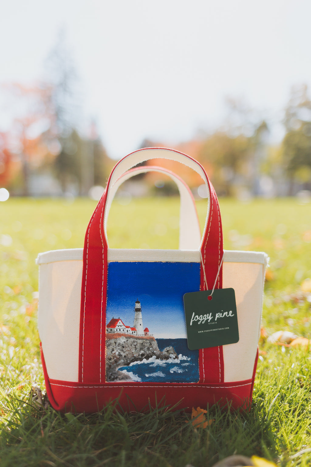 Hand-Painted L.L.Bean Boat and Tote MINI, Portland Head Light Inspired One of a Kind Original Art, Handmade Canvas Tote Bag, Open Top