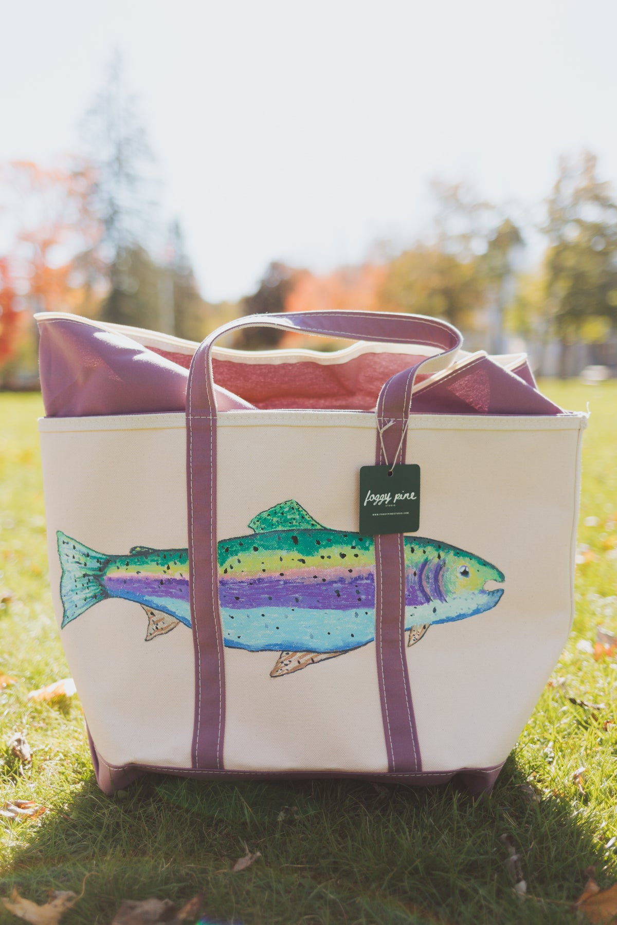 Hand-Painted L.L.Bean Boat and Tote LARGE – Colorful Salmon Original Art in Mauve, Zip-top